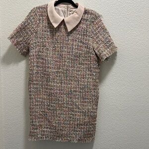 Just Me Multicolor Tweed Dress with Pink Collar